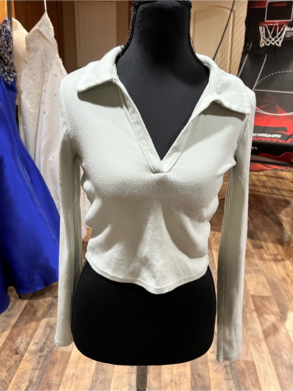 Abercrombie & Fitch Light Sage V-Neck Collared Long Sleeve Crop Top